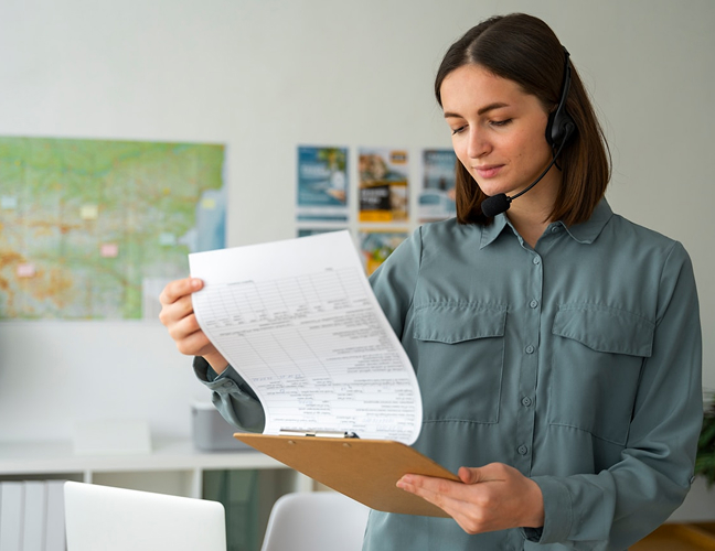 Woman looking at clipboard